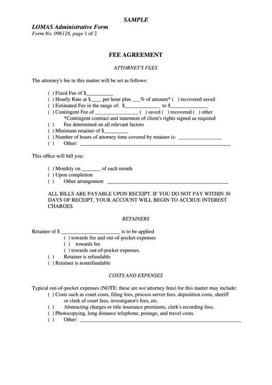 Sample Fee Agreement Form Printable pdf