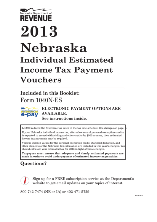 Form 1040n-Es - Nebraska Individual Estimated Income Tax Worksheet - 2013 Printable pdf