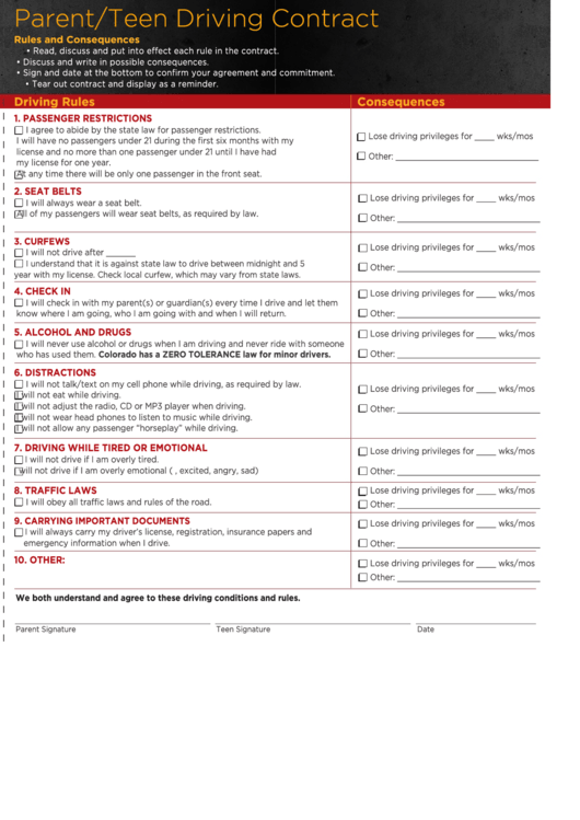 Parent/teen Driving Contract Template Printable pdf