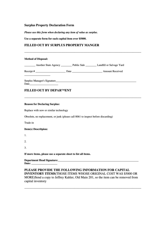 Surplus Property Declaration Form Printable pdf