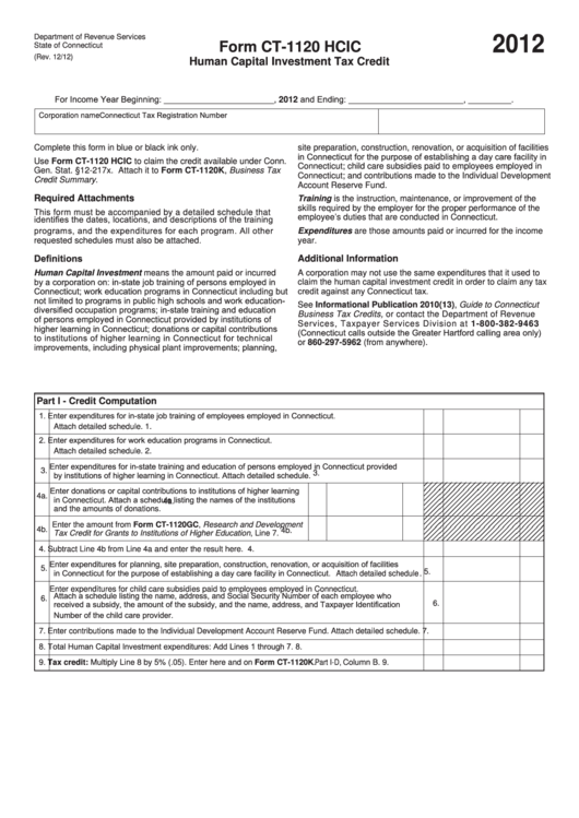 Form Ct-1120 Hcic - Connecticut Human Capital Investment Tax Credit - 2012 Printable pdf