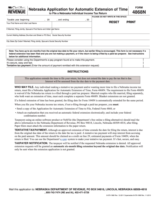 Fillable Form 4868n - Nebraska Application For Automatic Extension Of Time Printable pdf