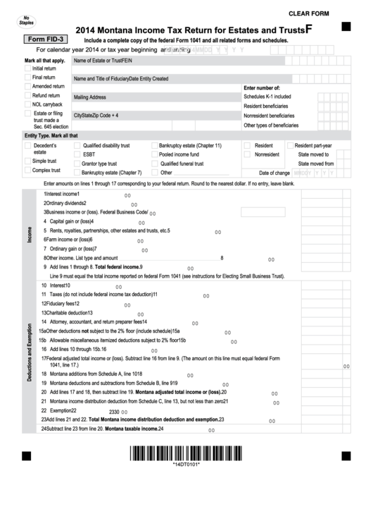 Fillable Form Fid-3 - Montana Income Tax Return For Estates And Trusts - 2014 Printable pdf