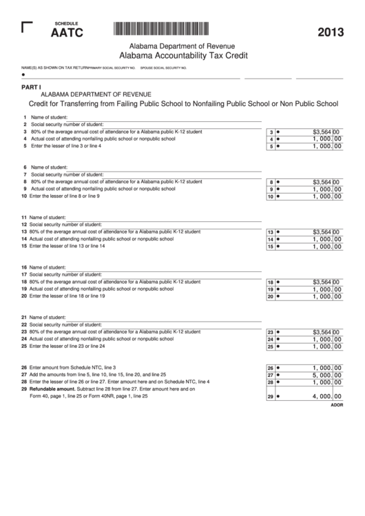 Schedule Aatc - Alabama Accountability Tax Credit - 2013