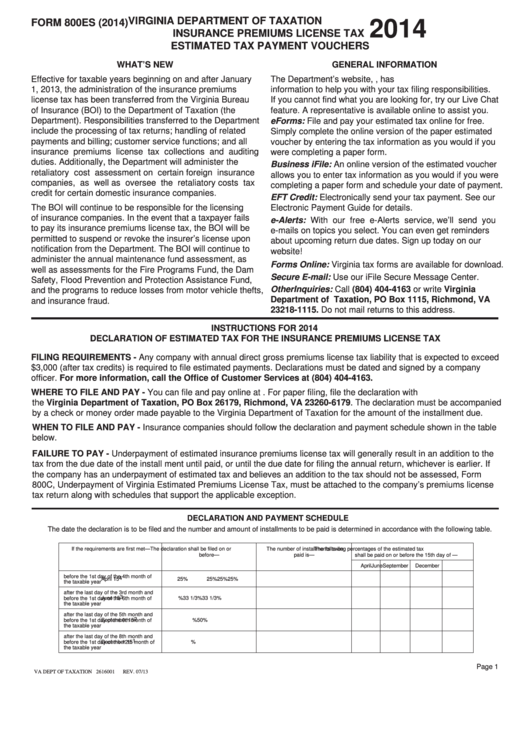 Fillable Form 800es - Virginia Insurance Premiums License Tax Estimated Payment Voucher - 2014 Printable pdf