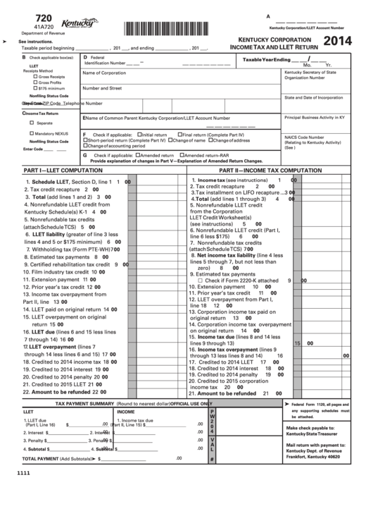 Fillable Form 720 - Kentucky Corporation Income Tax And Llet Return - 2014 Printable pdf