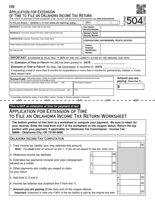 Fillable Form 504 - Application For Extension Of Time To File An Oklahoma Income Tax Return - 2014 Printable pdf