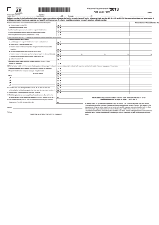 Fillable Schedule Ab (Form 20c) - Add-Back Form - 2013 Printable pdf