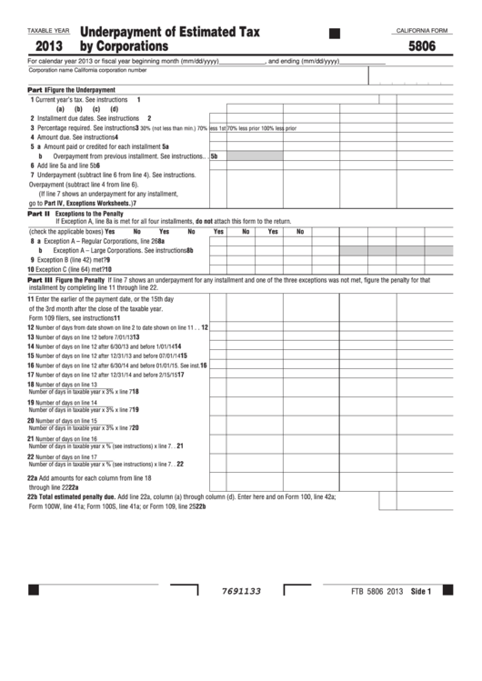 Fillable California Form 5806 - Underpayment Of Estimated Tax By Corporations - 2013 Printable pdf
