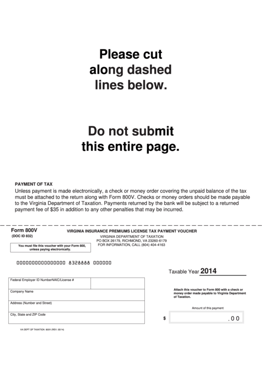 Fillable Form 800v - Virginia Insurance Premiums License Tax Payment Voucher - 2014 Printable pdf