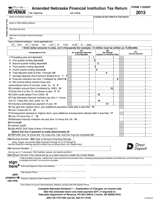 Fillable Form 1120xnf - Amended Nebraska Financial Institution Tax Return - 2013 Printable pdf