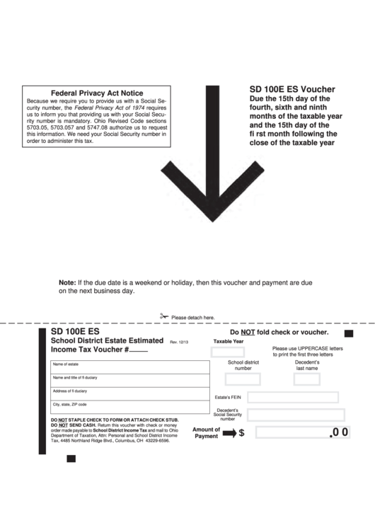 Fillable Form Sd 100e Es - School District Estate Estimated Income Tax Voucher Printable pdf