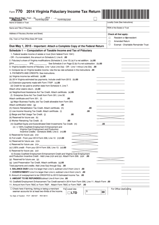 Fillable Form 770 - Virginia Fiduciary Income Tax Return - 2014 Printable pdf