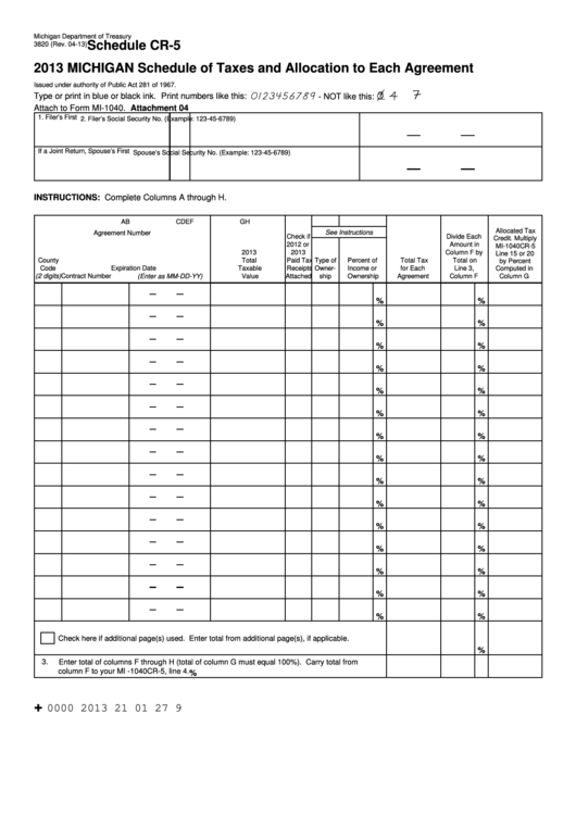 Fillable Schedule Cr-5 (Form 3820) - Michigan Schedule Of Taxes And Allocation To Each Agreement - 2013 Printable pdf