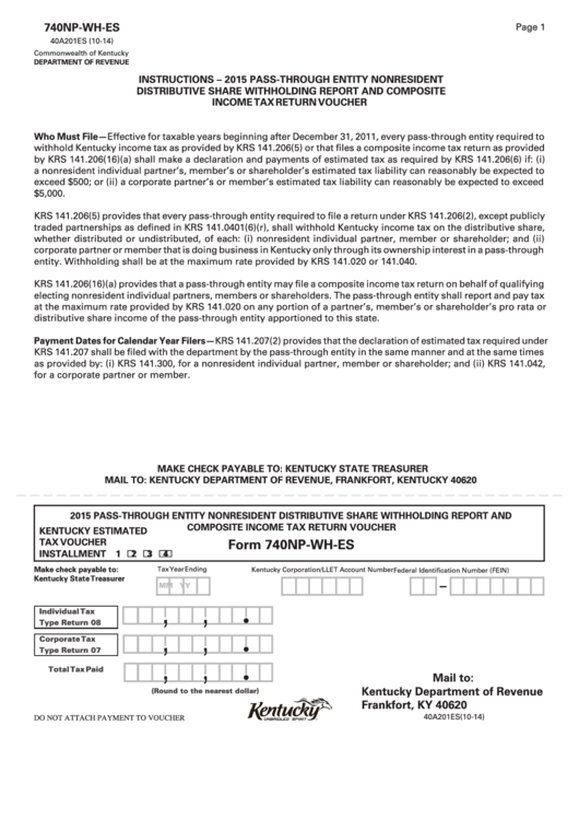 Form 740np-Wh-Es - Pass-Through Entity Nonresident Distributive Share Withholding Report And Composite Income Tax Return Voucher - 2015 Printable pdf