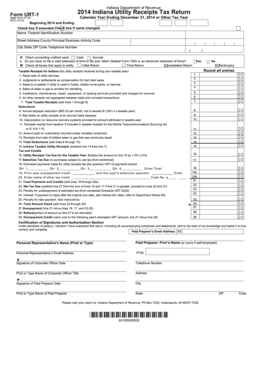 Fillable Form Urt-1 - Indiana Utility Receipts Tax Return - 2014 Printable pdf