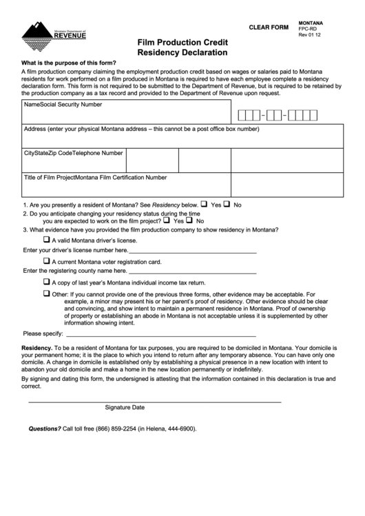 Fillable Form Fpc-Rd - Film Production Credit Residency Declaration Printable pdf