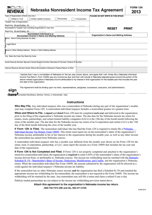 Fillable Form 12n - Nebraska Nonresident Income Tax Agreement - 2013 Printable pdf