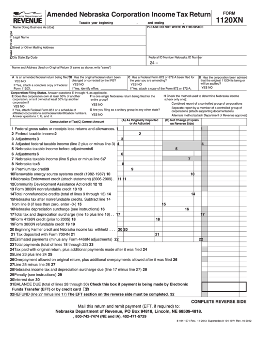 Fillable Form 1120xn - Amended Nebraska Corporation Income Tax Return Printable pdf