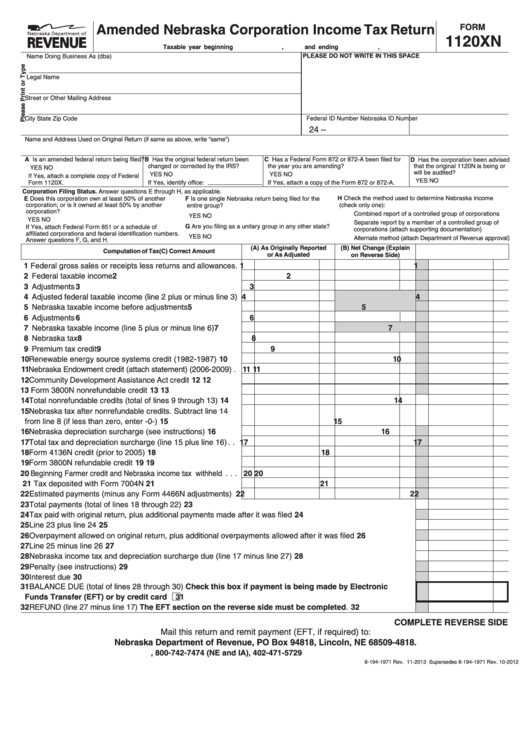 Fillable Form 1120xn Amended Nebraska Corporation Income Tax Return 