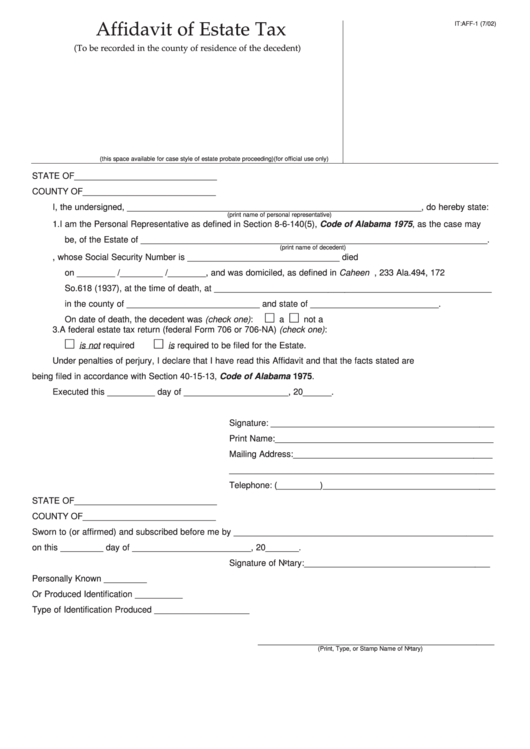 Fillable Form It: Aff-1 - Affidavit Of Estate Tax Printable pdf