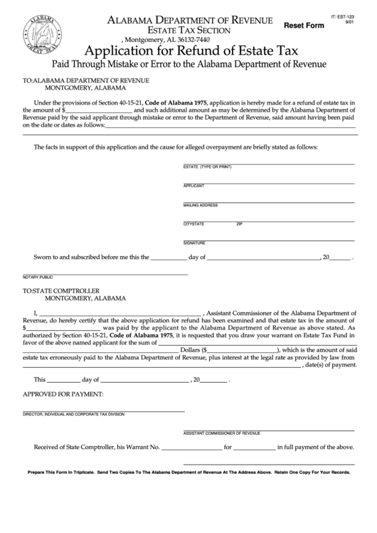 Fillable Form It: Est-123 - Application For Refund Of Estate Tax Printable pdf