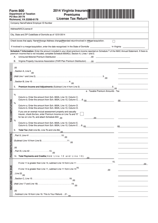 Fillable Form 800 - Virginia Insurance Premiums License Tax Return - 2014 Printable pdf