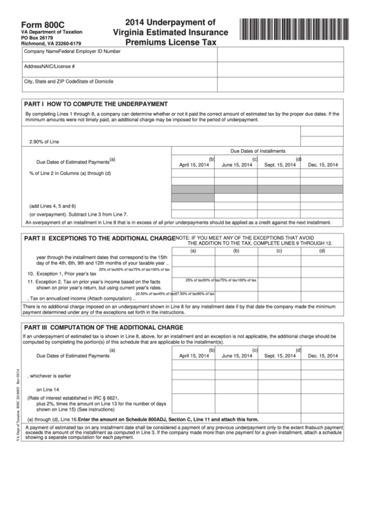 Fillable Form 800c - Underpayment Of Virginia Estimated Insurance Premiums License Tax - 2014 Printable pdf