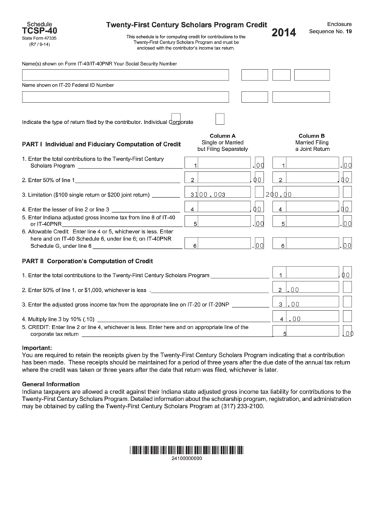 Fillable Schedule Tcsp-40 (State Form 47335) - Twenty-First Century Scholars Program Credit - 2014 Printable pdf