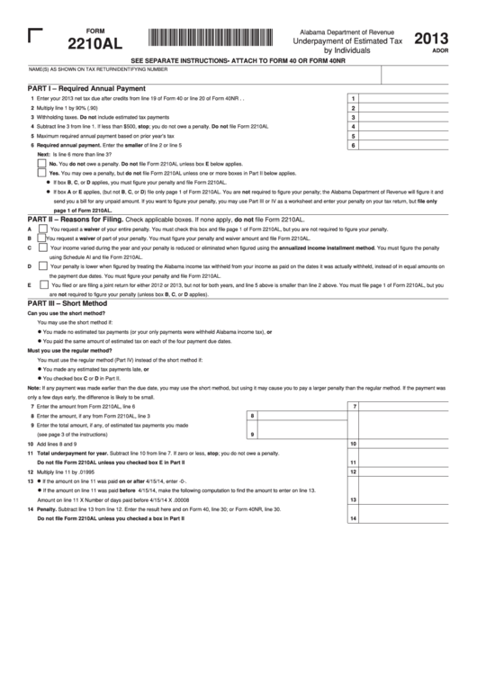 Fillable Form 2210al - Underpayment Of Estimated Tax By Individuals - 2013 Printable pdf