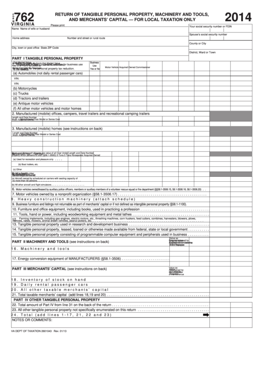 Fillable Form 762 - Return Of Tangible Personal Property, Machinery And Tools, And Merchants