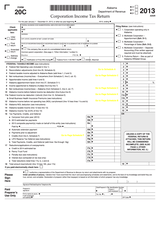 Fillable Form 20c - Corporation Income Tax Return - 2013 Printable pdf