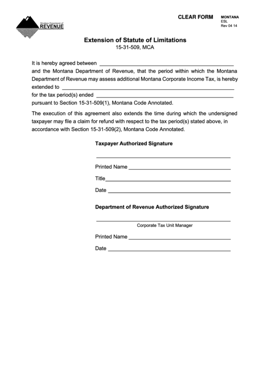 Fillable Form Esl - Extension Of Statute Of Limitations Printable pdf