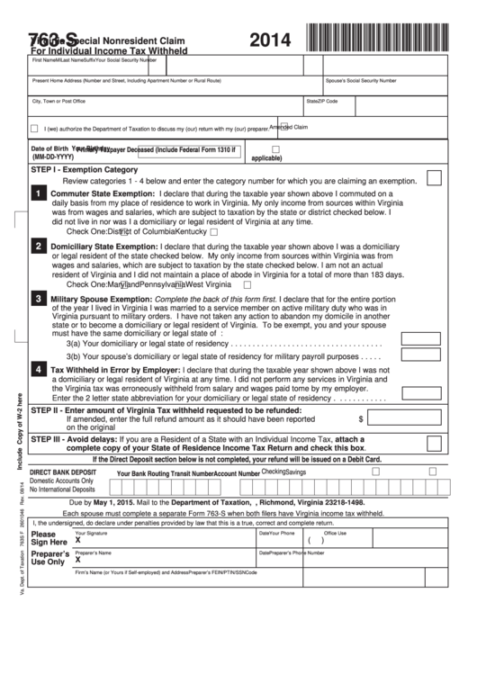 Fillable Form 763-S - Virginia Special Nonresident Claim For Individual Income Tax Withheld - 2014 Printable pdf