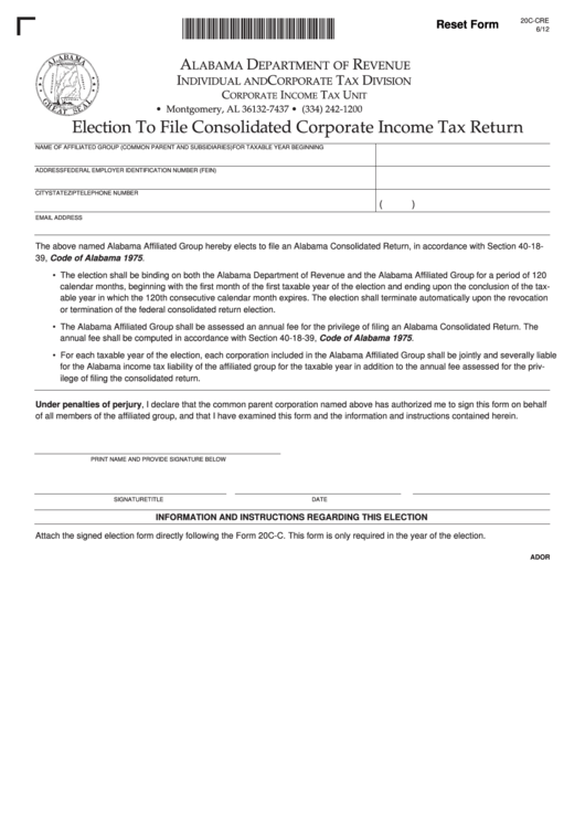 Fillable Form 20c-Cre - Election To File Consolidated Corporate Income Tax Return Printable pdf