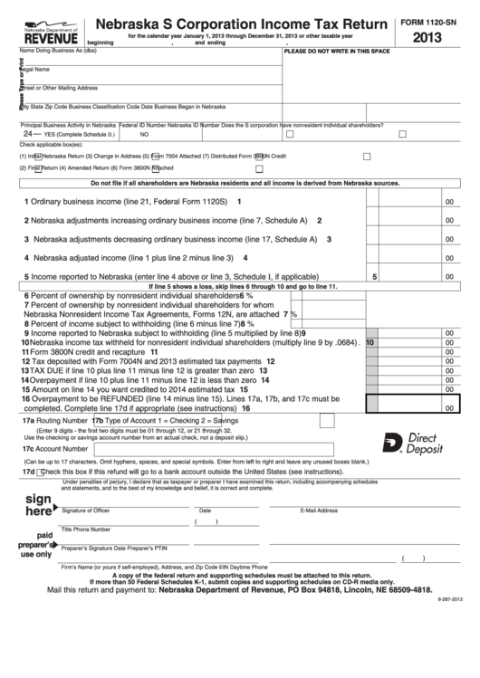 Fillable Form 1120-Sn - Nebraska S Corporation Income Tax Return - 2013 Printable pdf