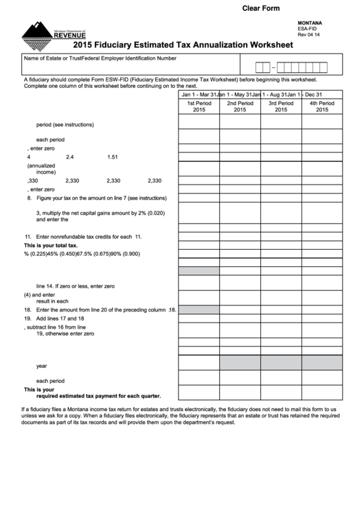 Fillable Form Esa-Fid - Fiduciary Estimated Tax Annualization Worksheet - 2015 Printable pdf