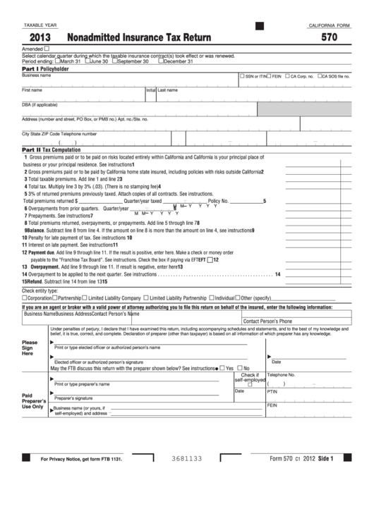 Fillable California Form 570 - Nonadmitted Insurance Tax Return - 2013 Printable pdf