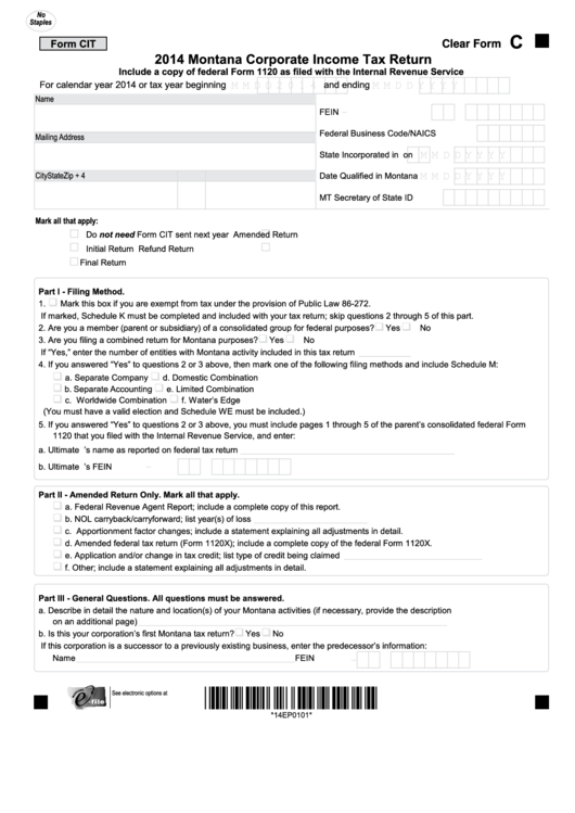 Fillable Form Cit - Montana Corporate Income Tax Return - 2014 Printable pdf
