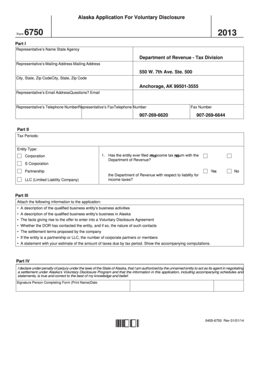 Fillable Form 6750 - Alaska Application For Voluntary Disclosure - 2013 Printable pdf