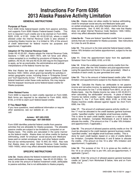 Instructions For Form 6395 - Alaska Passive Activity Limitation - 2013 Printable pdf