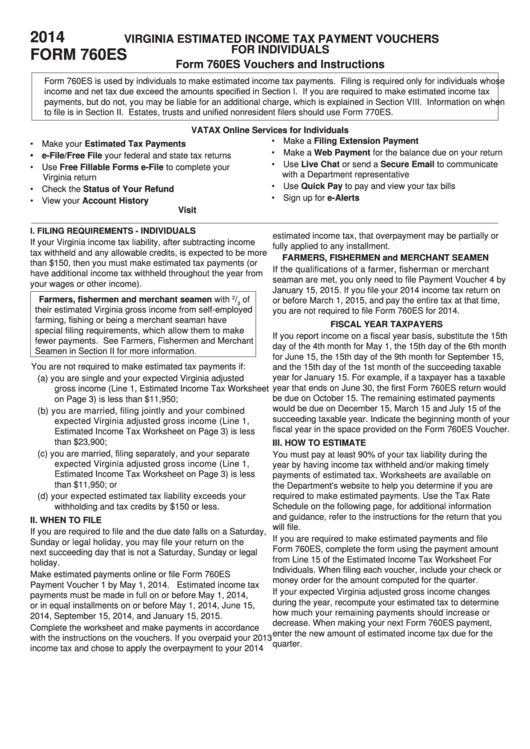 Fillable Form 760es - Virginia Estimated Income Tax Payment Voucher For Individuals - 2014 Printable pdf