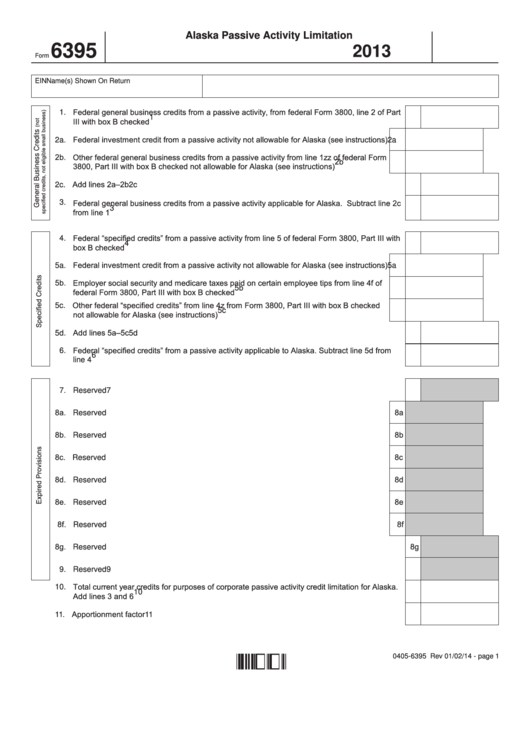 Fillable Form 6395 - Alaska Passive Activity Limitation - 2013 Printable pdf