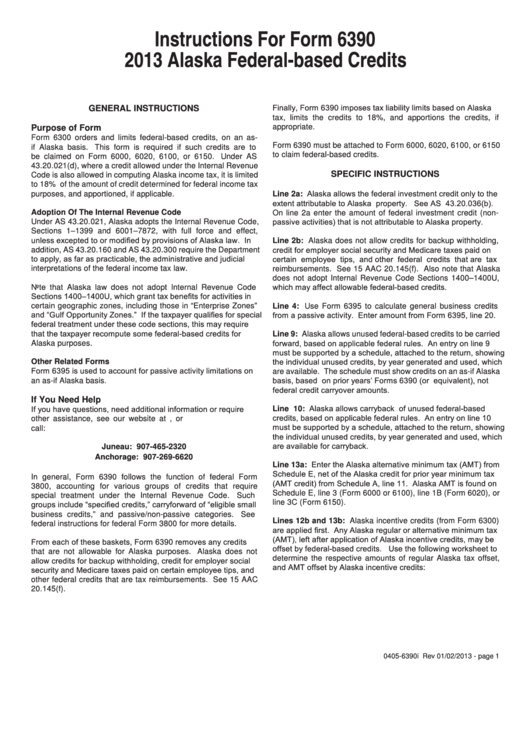 Instructions For Form 6390 - Alaska Federal-Based Credits - 2013 Printable pdf