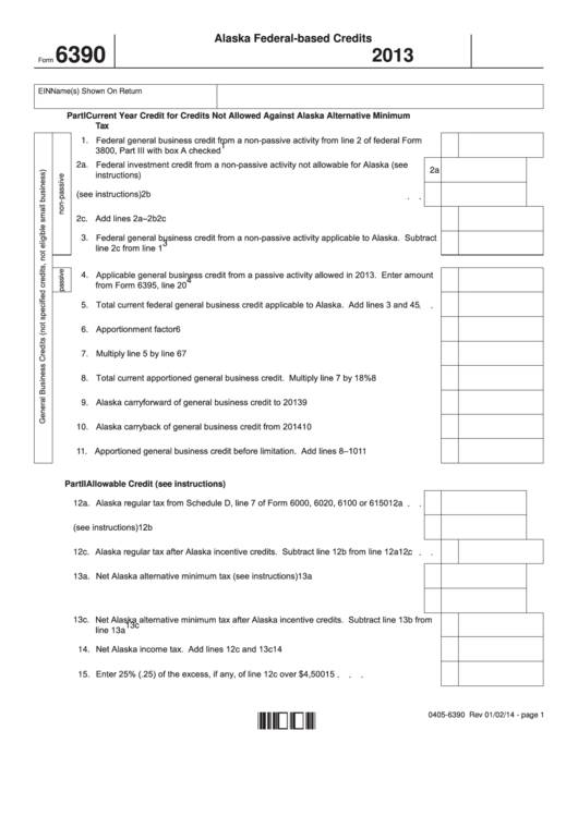 Fillable Form 6390 - Alaska Federal-Based Credits - 2013 Printable pdf
