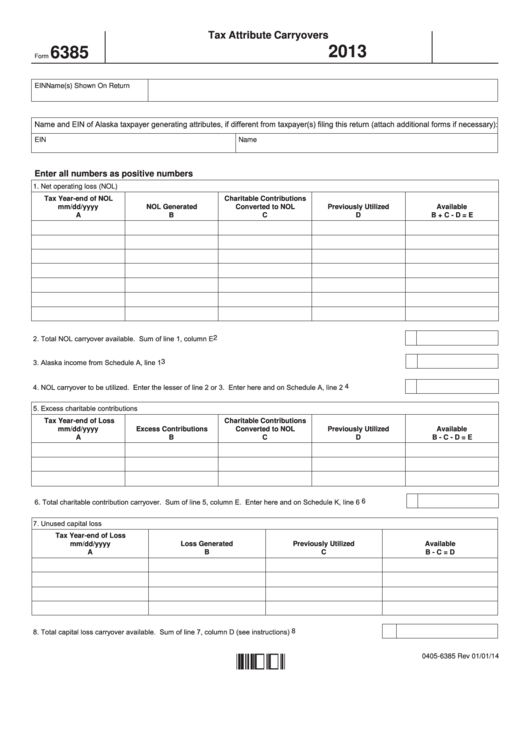 Fillable Form 6385 - Tax Attribute Carryovers - 2013 Printable pdf