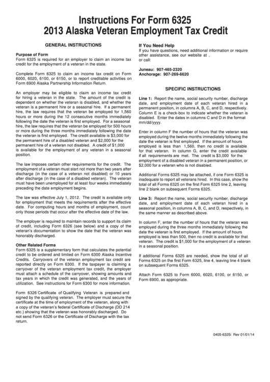 Instructions For Form 6325 - Alaska Veteran Employment Tax Credit - 2013 Printable pdf