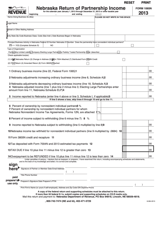 Fillable Form 1065n - Nebraska Return Of Partnership Income - 2013 Printable pdf