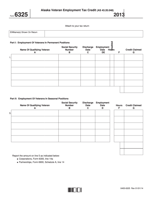 Fillable Form 6325 - Alaska Veteran Employment Tax Credit - 2013 Printable pdf