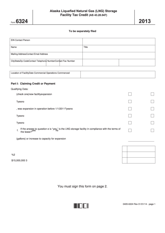 Fillable Form 6324 - Alaska Liquefied Natural Gas (Lng) Storage Facility Tax Credit - 2013 Printable pdf